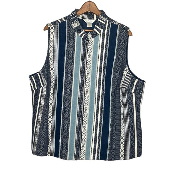 CJ Banks 1X Blue Denim Jean Striped Mixed Media Artsy Fringe Zip Front Vest Plus - Picture 1 of 4